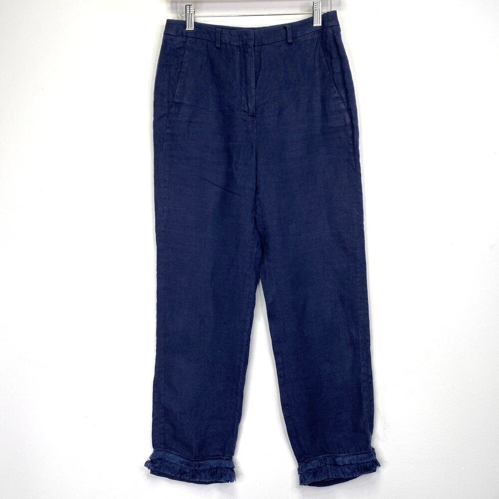 Weekend MAXMARA Linen Pants Fringe Trim Blue Womens Sz 4 Straight Ankle Summer